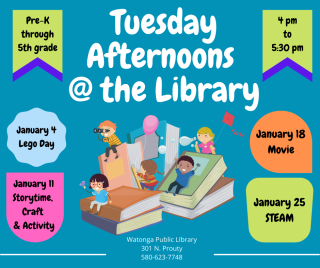 Tuesday afternoons at the library for grades K through 5.  4pm to 5:30 pm. LEGO, crafts, movies, STEAM activities