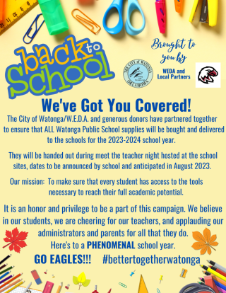 School supplies will be bought by The City of Watonga and local partners for the 2023-2024 school year!  